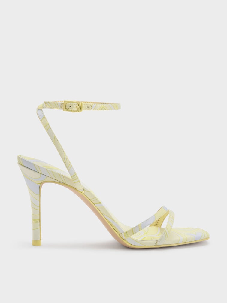 Swirl-Print Ankle-Strap Heels, Yellow, hi-res