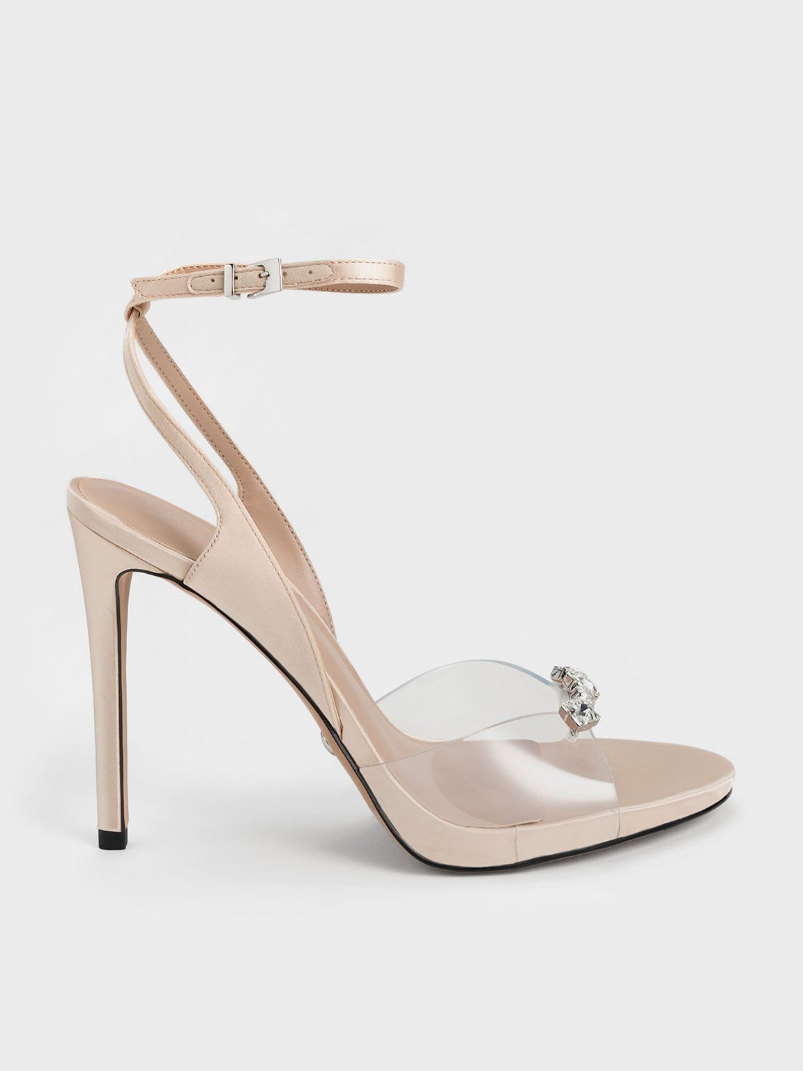 Nude Gem Encrusted Ankle Strap Clear Sandals CHARLES KEITH TH