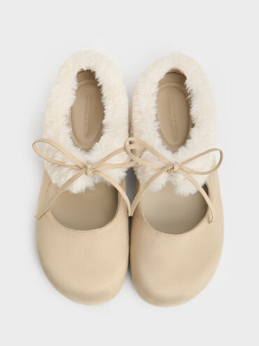 Emila Faux Suede Fur-Trim Mary Jane Flats, Chalk, hi-res