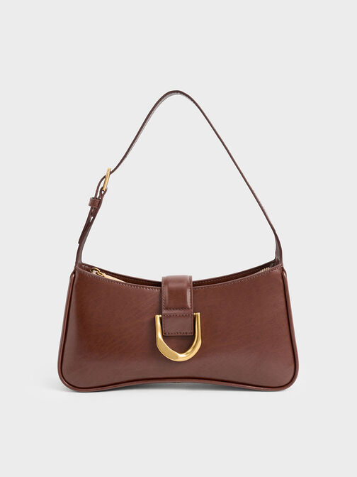 Gabine Curved Shoulder Bag, สีช็อคโกแลต, hi-res