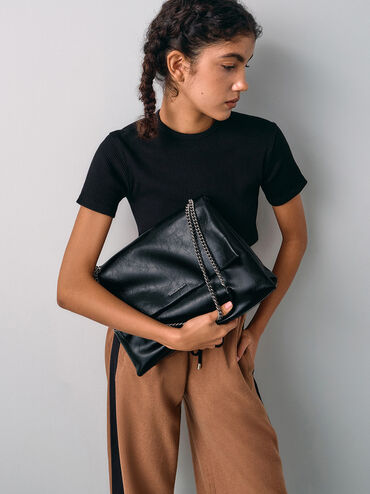 Sianna Chain-Handle Shoulder Bag, Black, hi-res