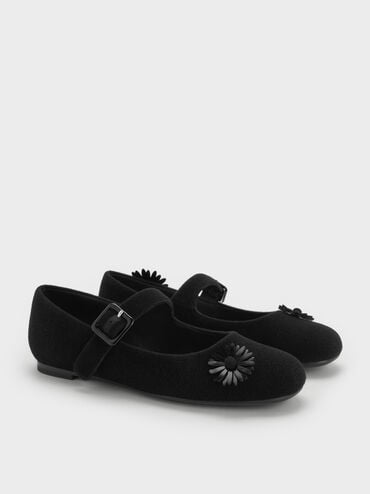 Polly Textured Mary Janes With Floral Charms, Black Textured, hi-res