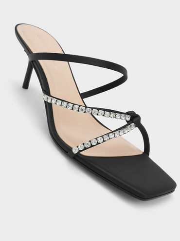 Recycled Polyester Gem-Embellished Strappy Heeled Sandals, Black Textured, hi-res