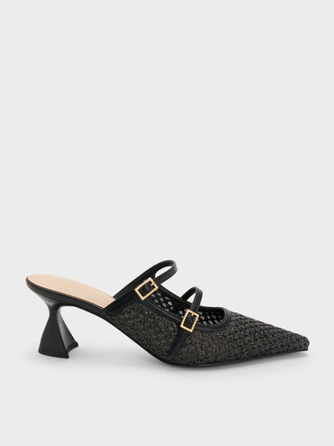 Raffia Sculptural-Heel Pointed Mules, Black Textured, hi-res