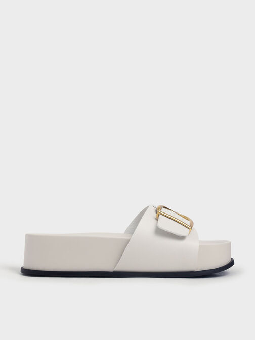 Metallic Buckle Flatform Sandals, , hi-res