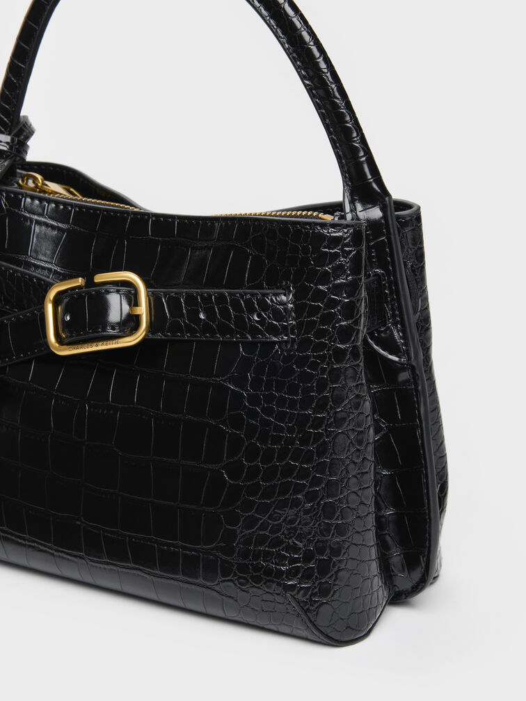 Victoria Croc-Effect Belted Top Handle Bag, Black Croco, hi-res