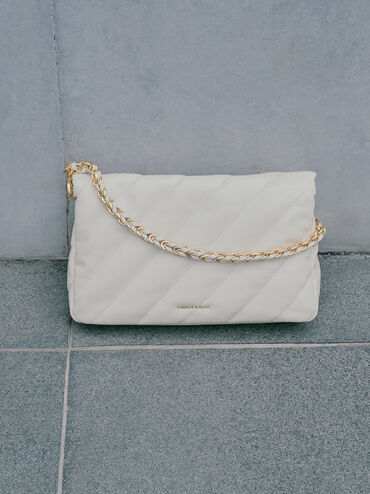 กระเป๋าสะพายไหล่ดีไซน์ลายเส้นพร้อมสายโซ่รุ่น Fawn, สีครีม, hi-res
