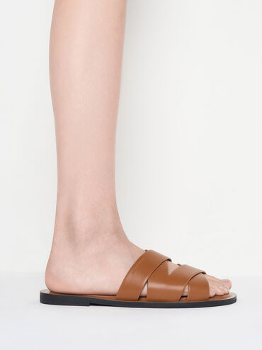 Strappy Crossover Slide Sandals, Cognac, hi-res