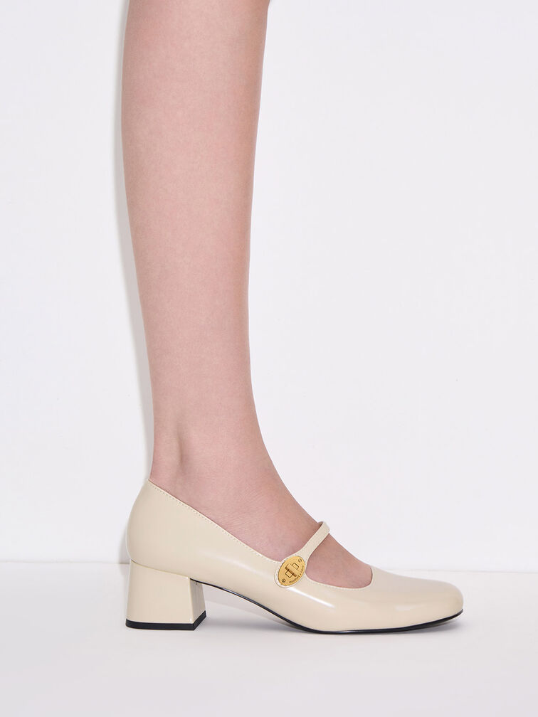 Hettie Patent Metallic-Buckle Block-Heel Mary Janes, Chalk, hi-res