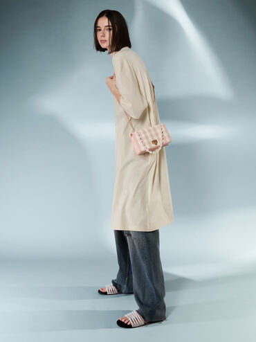 กระเป๋าสตางค์ลายตารางพร้อมสายโซ่ประดับมุกรุ่น Alessia, สีชมพูอ่อน, hi-res