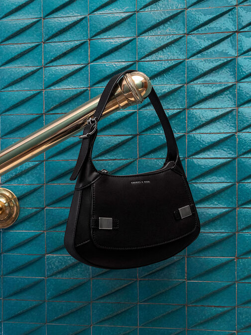 Metallic-Accent Curved Shoulder Bag, , hi-res