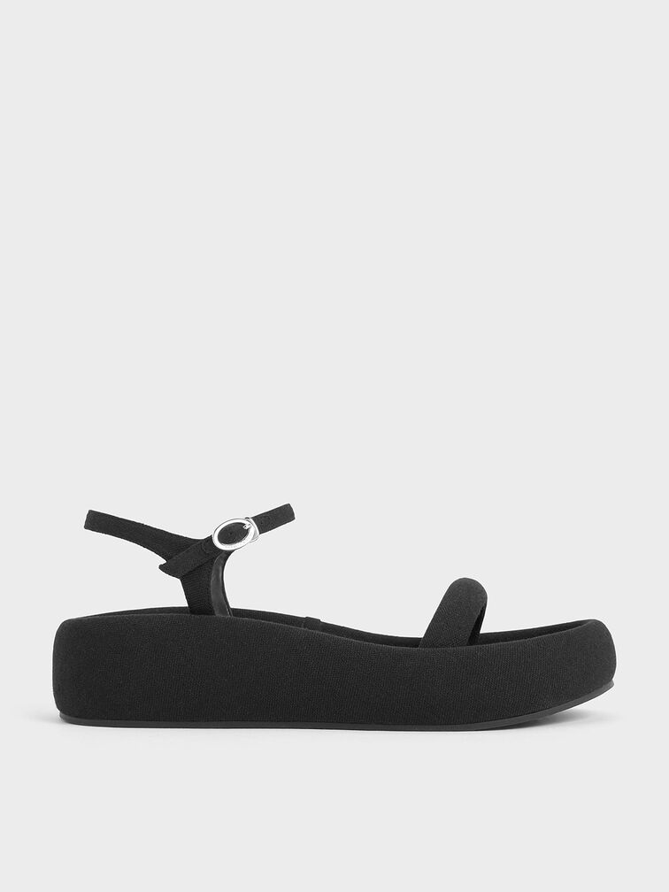 Linen Padded Flatform Sandals, Black Textured, hi-res