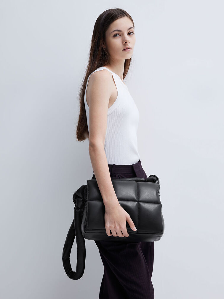 Errya Nylon Quilted Puffy Crossbody Bag, สีดำอะไหล่สีดำ, hi-res
