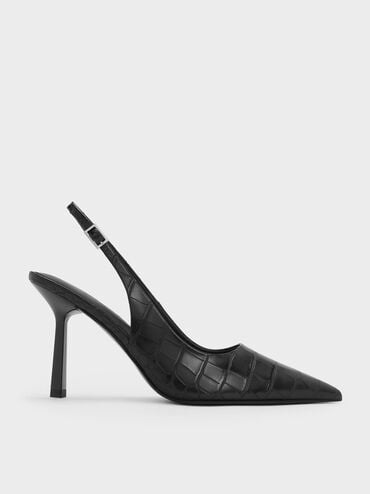 Croc-Effect Pointed-Toe Slingback Pumps, Animal Print Black, hi-res