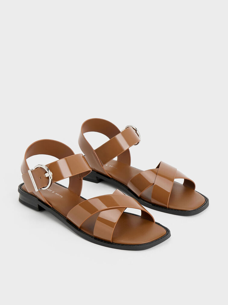 Patent Crossover Strap Sandals, สีคอนยัค, hi-res