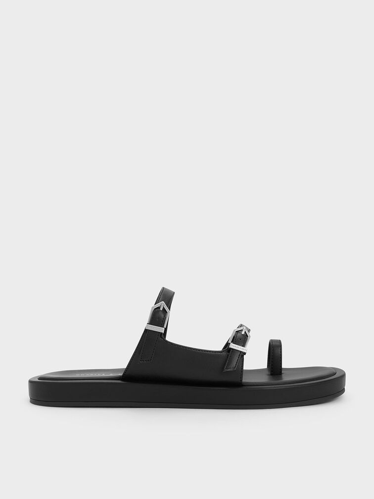 Double Buckle Toe-Loop Sandals, สีดำ, hi-res