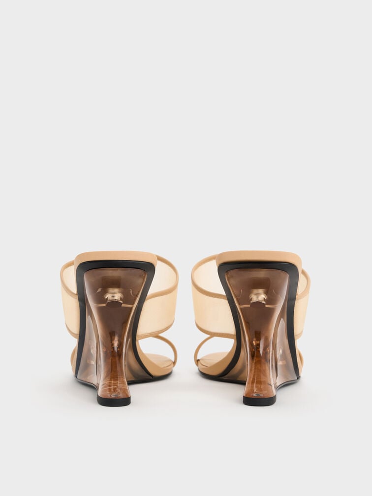 รองเท้าส้นเตารีดทรง Sculptural ดีไซน์ผ้าตาข่าย, สีนู้ด, hi-res