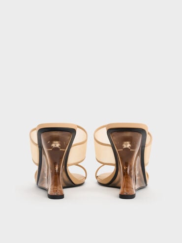รองเท้าส้นเตารีดทรง Sculptural ดีไซน์ผ้าตาข่าย, สีนู้ด, hi-res