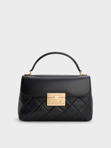 Alva Quilted Top Handle Bag, Black, hi-res