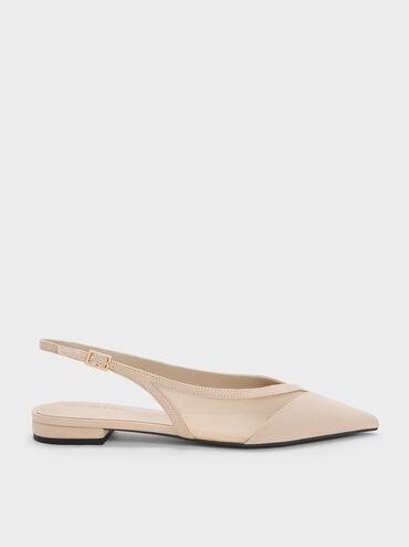 Faux Suede & Mesh Slingback Flats, Beige, hi-res