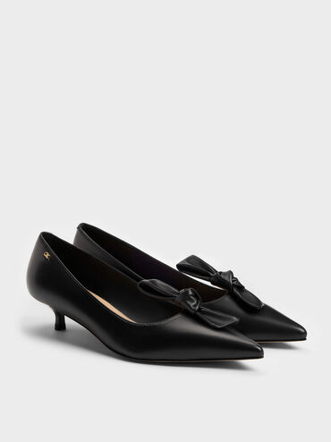 Illana Leather Knot-Bow Kitten Heels, Black, hi-res