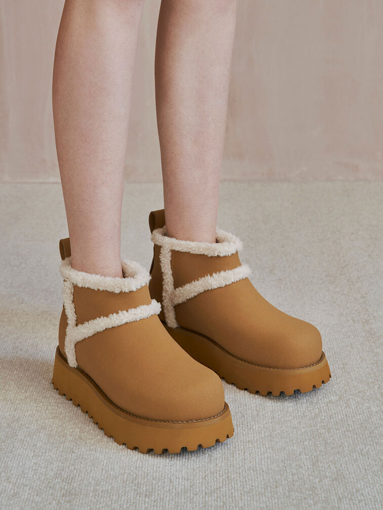 Textured Fur-Trim Flatform Ankle Boots, สีกากี, hi-res