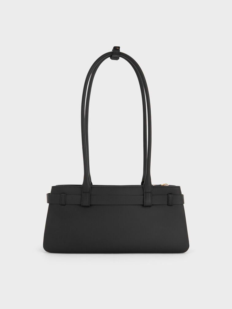 กระเป๋าสะพายไหล่หนังแท้ตกแต่งสายเข็มขัดรุ่น Jody, สีดำ, hi-res