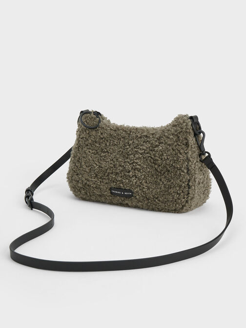 Philomena Furry Chain-Strap Crossbody Bag, สีกากี, hi-res