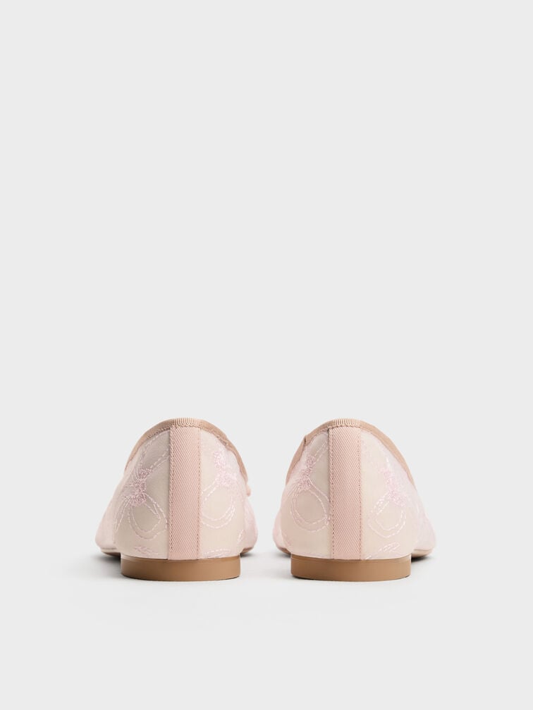 Embroidered-Mesh Bow Ballet Flats, Light Pink, hi-res