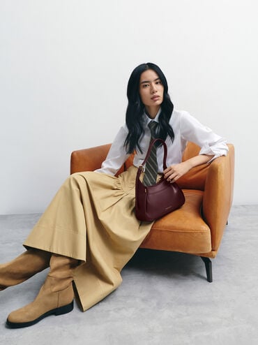 Clarice Pleated Shoulder Bag, Wineberry Red, hi-res