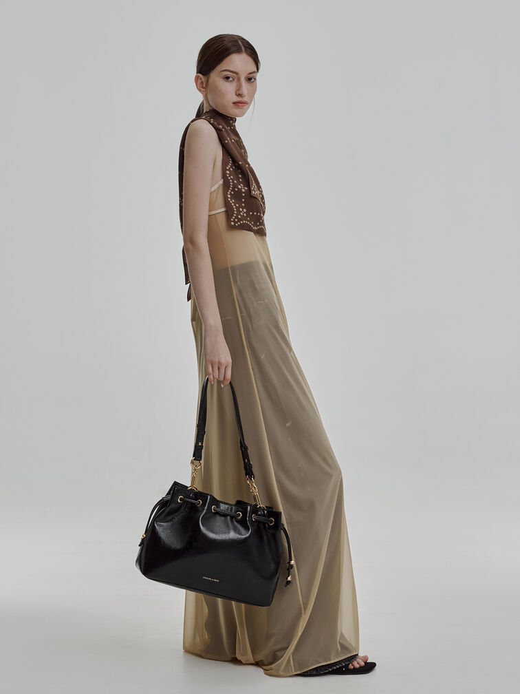 Moxie Drawstring Bucket Bag, Black, hi-res