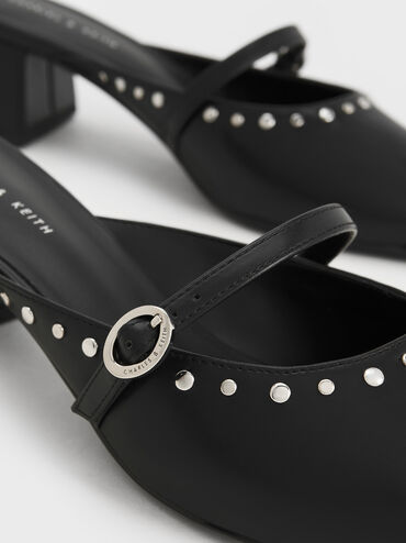 Studded Pointed-Toe Block Heel Mules, สีดำ, hi-res
