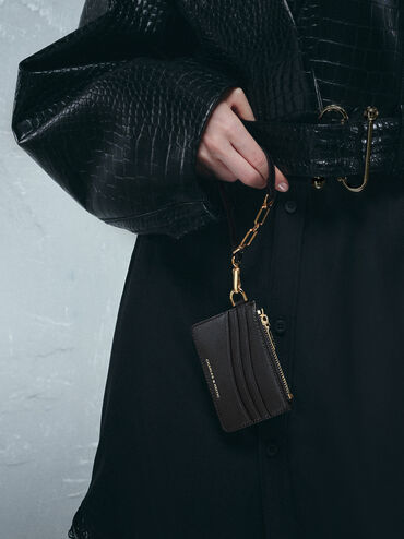 Agatha Chain-Accent Wristlet Card Holder, Black, hi-res