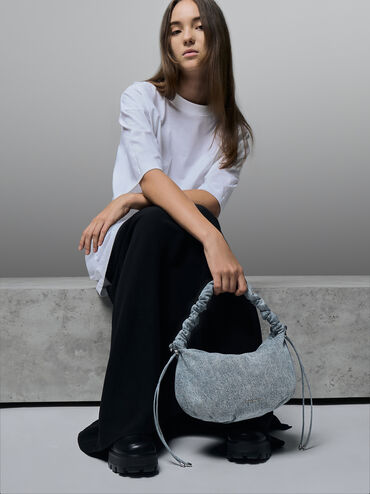 กระเป๋าโฮโบเดนิมพร้อมหูจับดีไซน์ย่นรุ่น Maisy, สีเดนิมบลู, hi-res