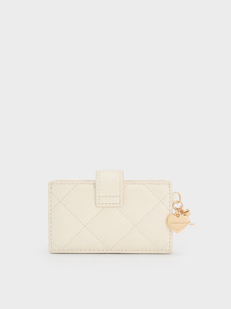 กระเป๋าใส่บัตรลายควิลท์พร้อมสายรัดประดับชาร์มรูปหัวใจโบว์รุ่น Arrietty, สีครีม, hi-res
