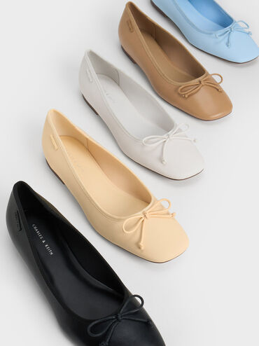 Rounded Square-Toe Bow Ballerinas, สีดำ, hi-res
