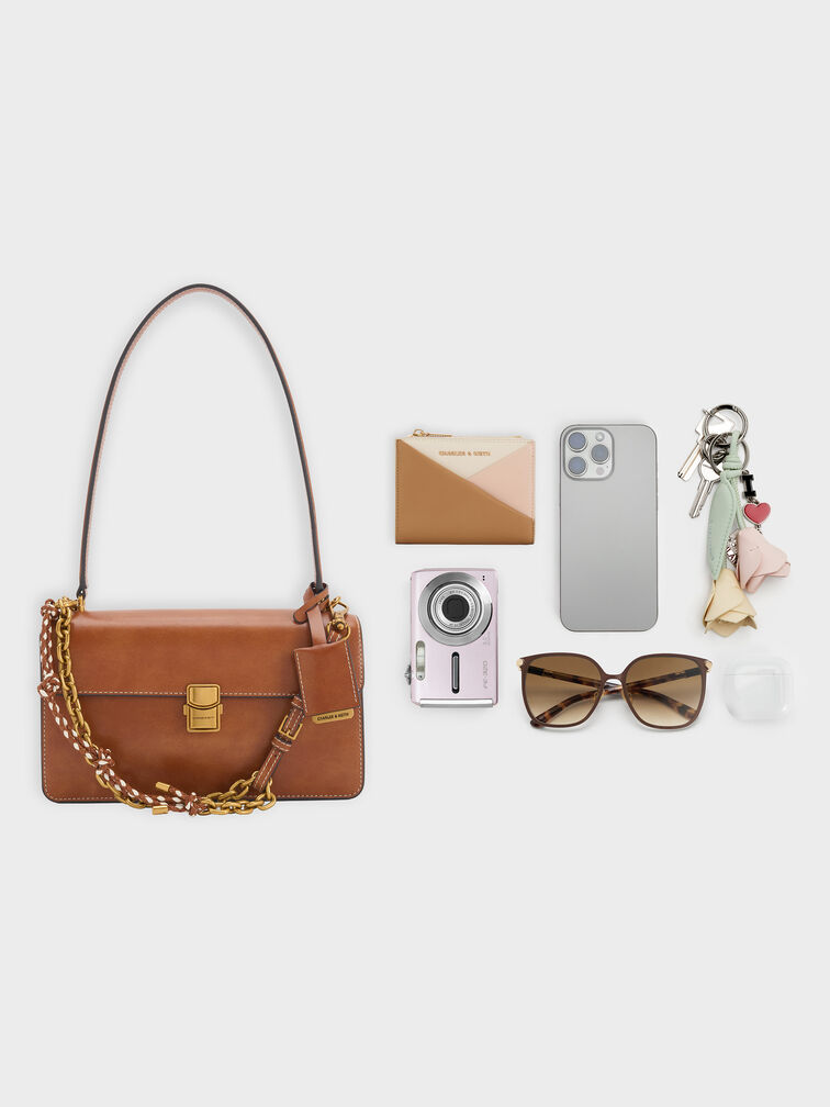 กระเป๋าสะพายไหล่ดีเทลสายโซ่และเกลียวเชือกรุ่น Acelynn, สีดิสเทรสด์แทน, hi-res