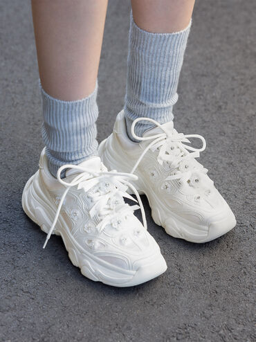 Gaskell Flower-Embellished Chunky Sneakers, White, hi-res