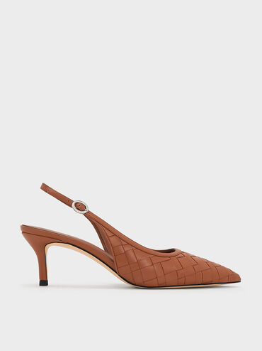 Woven Pointed-Toe Slingback Pumps, Brown, hi-res