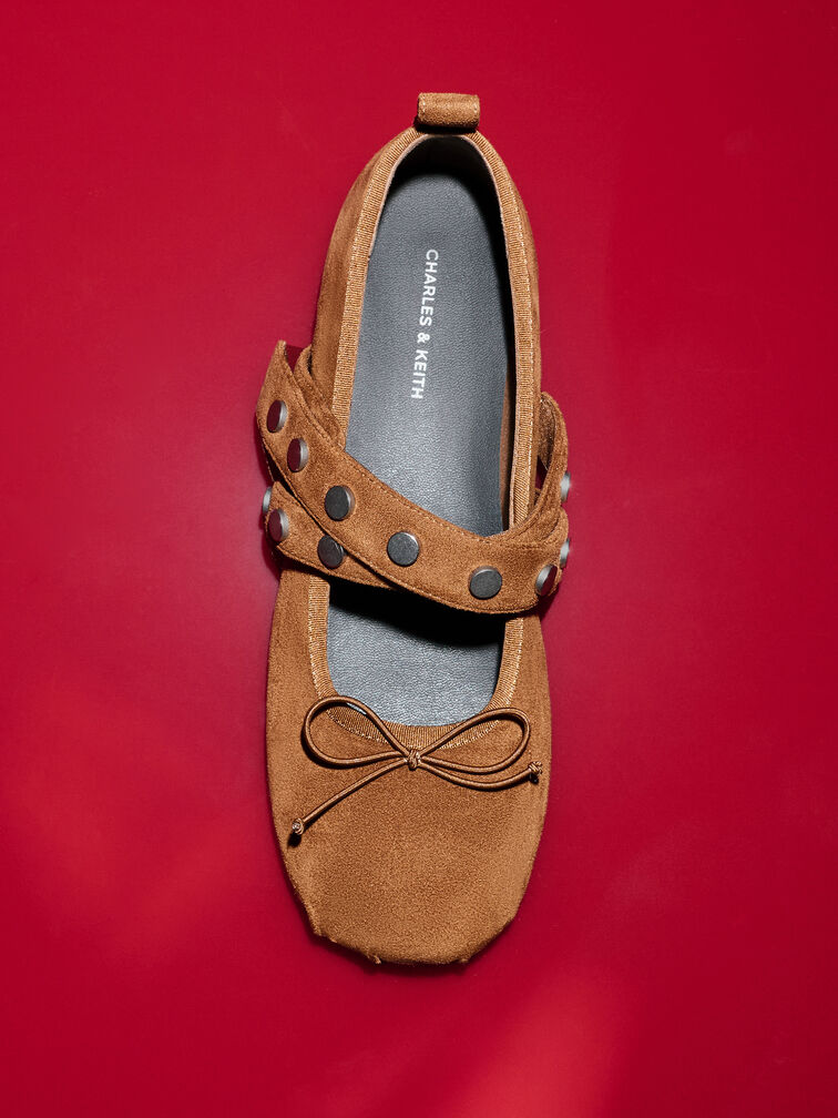 รองเท้าแมรี่เจนหนังกลับดีไซน์สายคาดเท้าแบบไขว้ตกแต่งหมุดประดับโบว์รุ่น Gael, สีน้ำตาล, hi-res