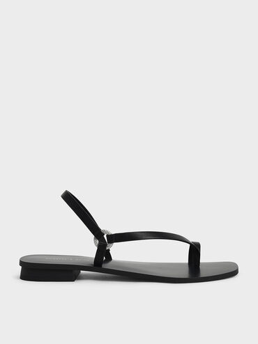 Toe Ring Asymmetric Flat Sandals, สีดำ, hi-res