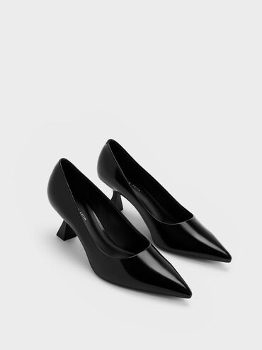 Pointed-Toe Flare Heel Pumps, หนังเงาสีดำ, hi-res