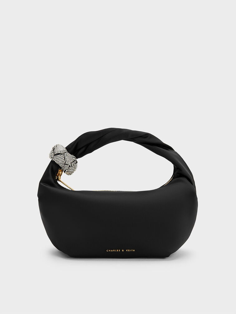 Embellished Satin Shoulder Bag, สีดำ, hi-res