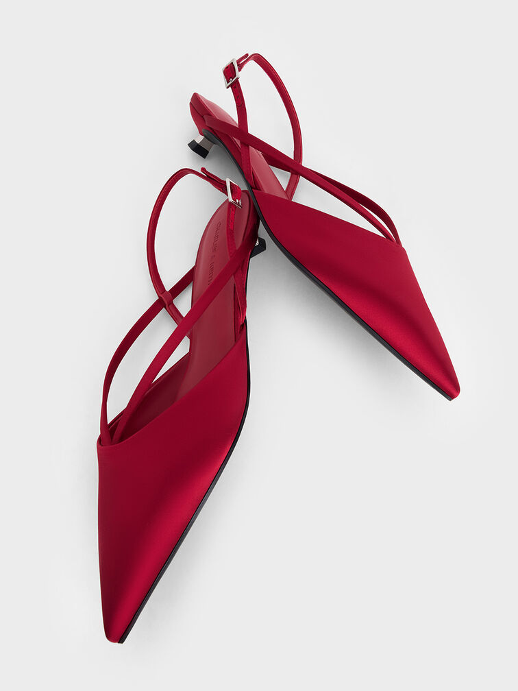 Satin V-Strap Pointed-Toe Slingback Kitten Heels, Red, hi-res