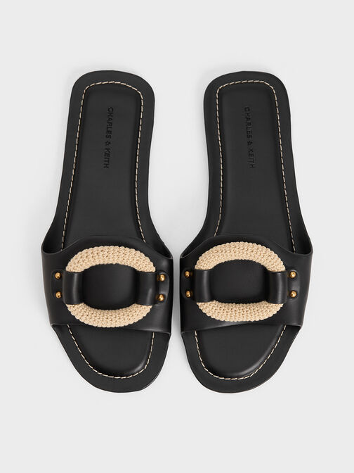 Raffia Ring Slide Sandals, Black, hi-res