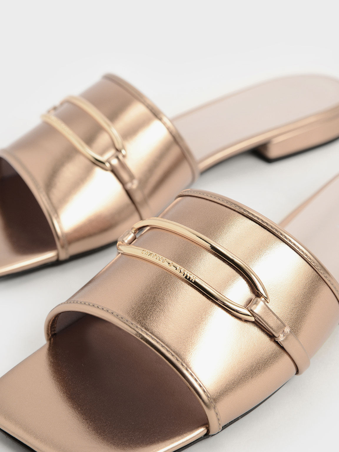 Metallic Accent Square-Toe Slide Sandals, Gold, hi-res