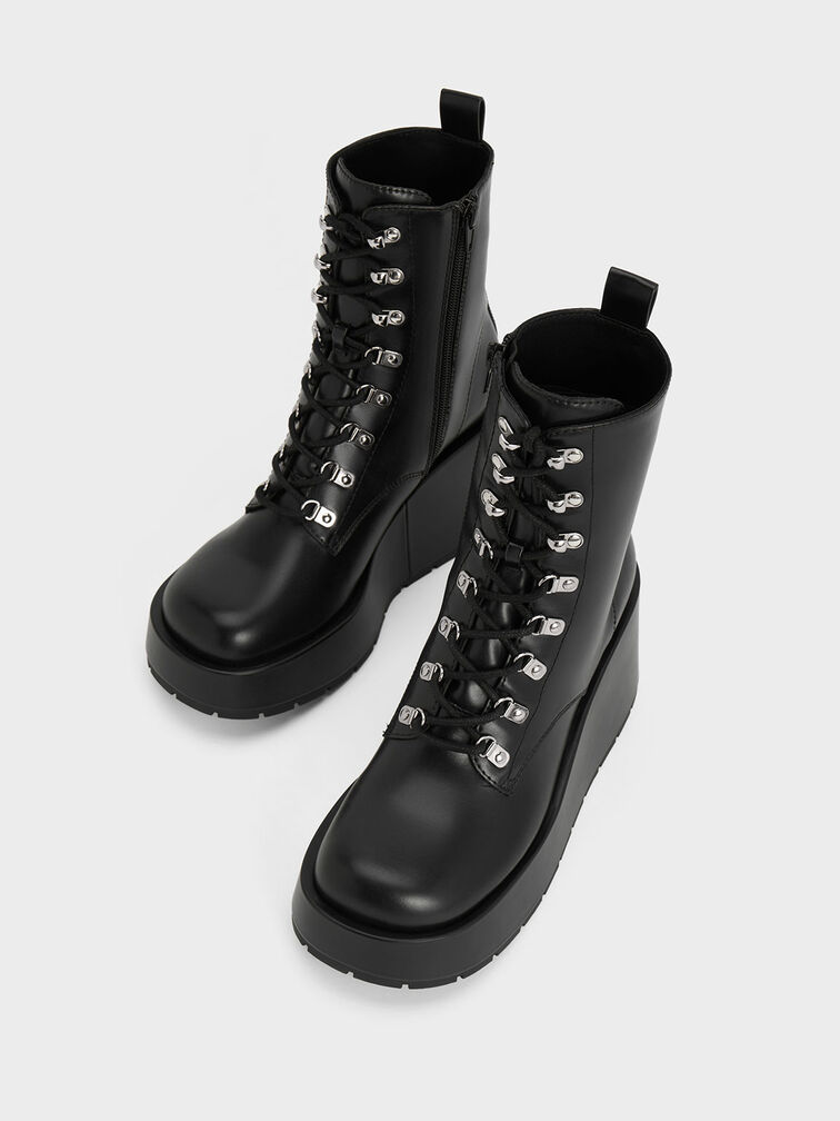 Lace-Up Platform Wedge Ankle Boots, สีดำ, hi-res