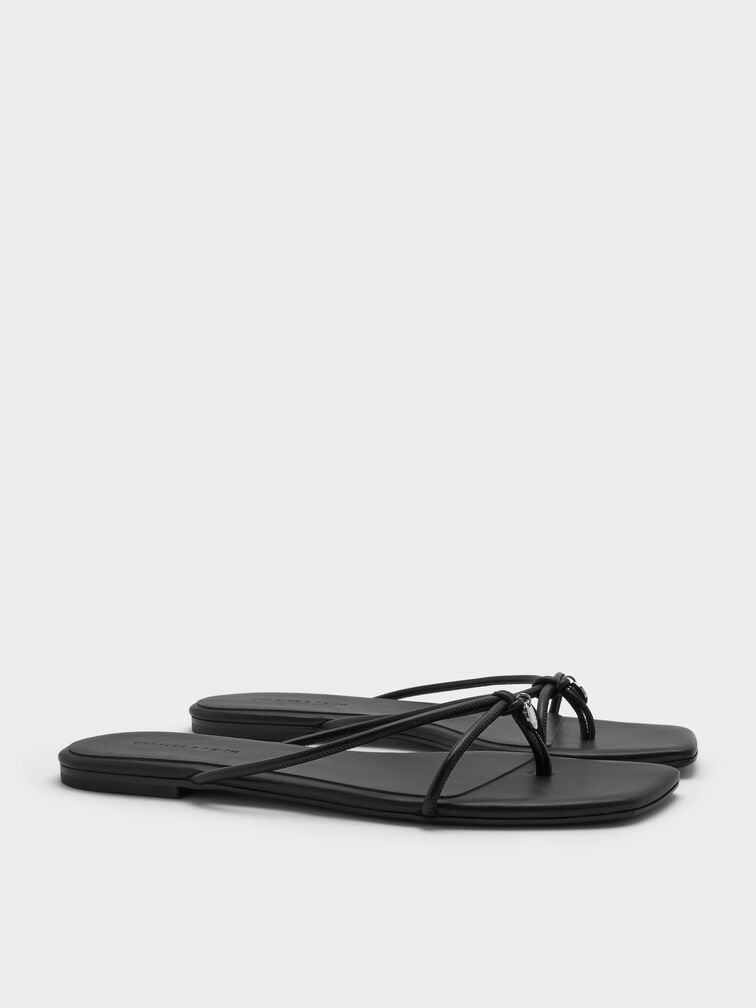 Metallic-Charm Strappy Thong Sandals, Black, hi-res