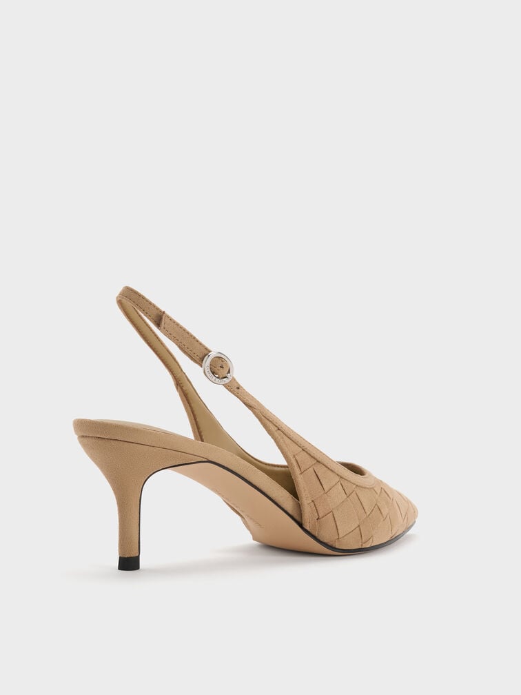 Ivette Faux Suede Woven Pointed-Toe Slingback Pumps, Sand, hi-res