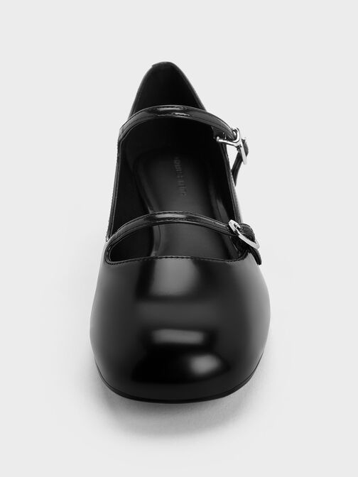 รองเท้าแมรี่เจนเสริมส้นบล็อคดีไซน์สายคาดแบบคู่, หนังเงาสีดำ, hi-res